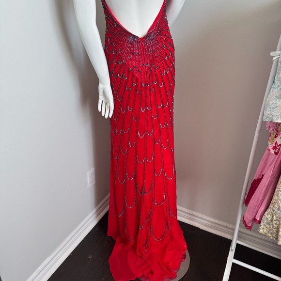 Vintage Red Beaded Gown Art Deco Revival Halter Dress | Old Hollywood Glamour 4 - Picture 7 of 12